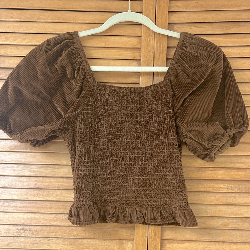American Eagle Square Neck Brown Corduroy Puff Sleeve Blouse